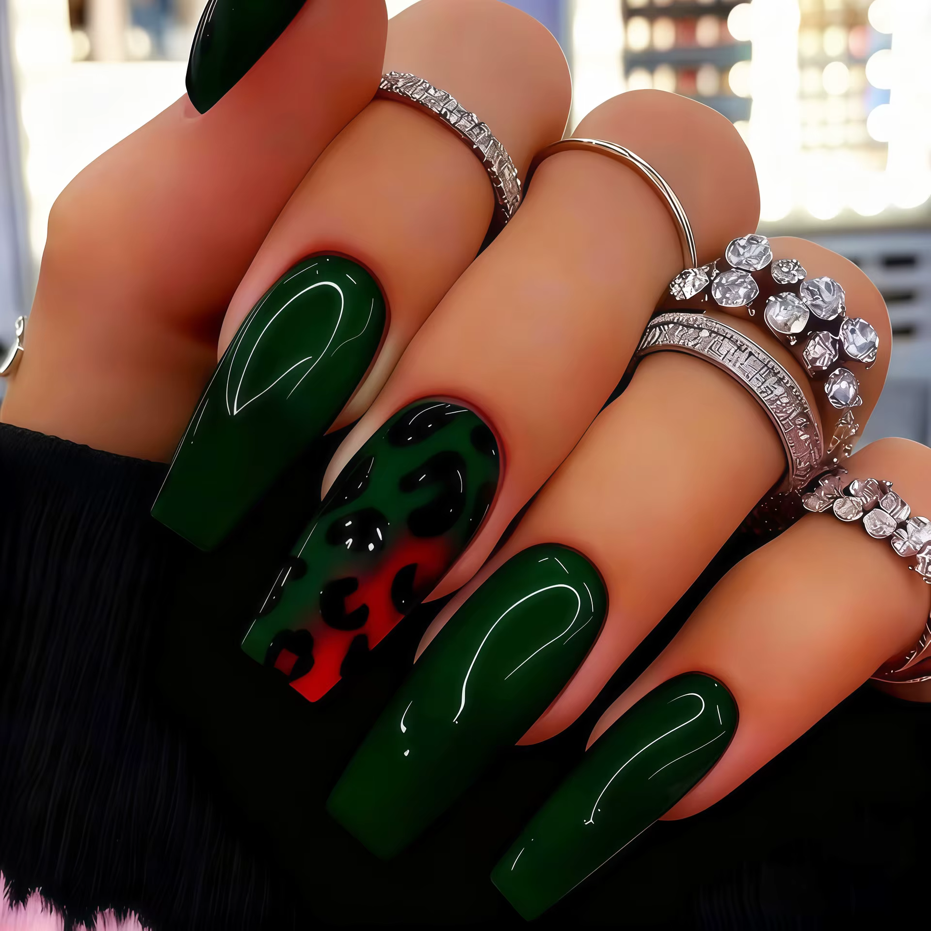 Faux ongles moyens pour femmes et filles, dégradé violet bleu vert rouge noir imprimé léopard, pointes carrées en amande à pression