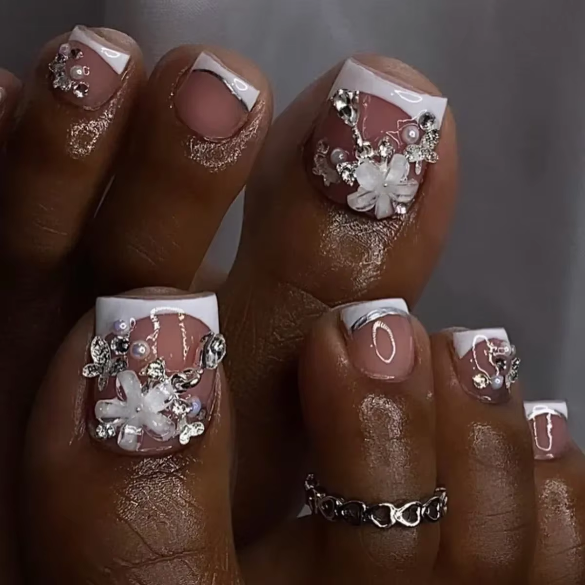 Orange français été 3D fleurs Nail Art portable mode faux ongles détachable fini orteil