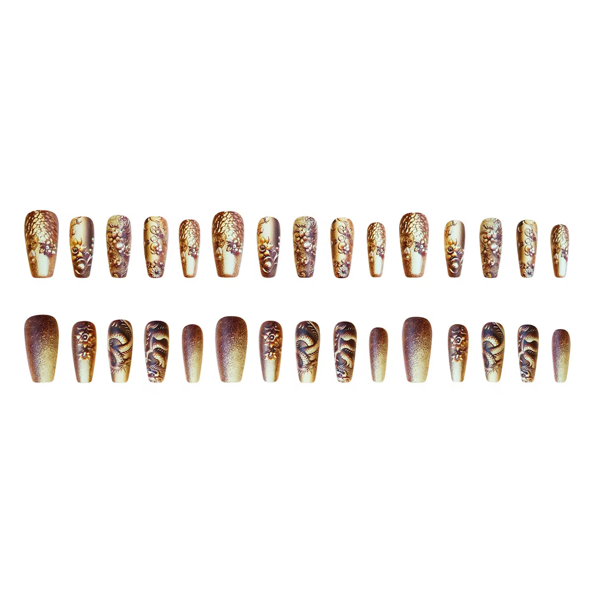Faux ongles à pression avec motifs de dragon embout Él ballerine moyenne longue couleur or N64 N64