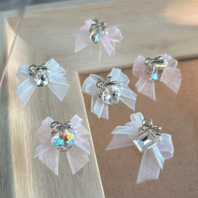 5 pièces 3D Organza arc Nail Art strass accessoires blanc rose arc carré goutte d'eau diamant