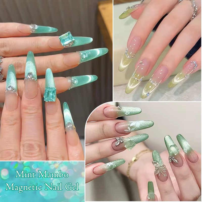 Vernis à ongles magnétique semi-permanent Mint Mambo Cat effet gelée avec perles de verre