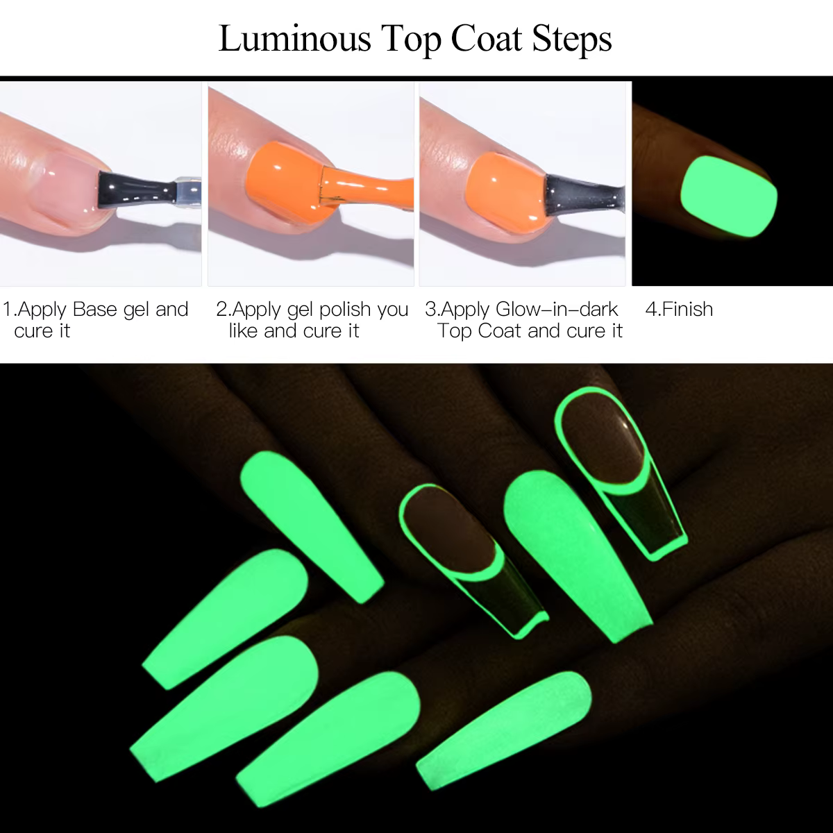 FOUR LILY 10ml Top Coat Lumineux Sans Résidu Gel Vert Phosphorescent Vernis à Ongles DIY Salon à Domicile Cadeau Festif Pour la Saint-Valentin