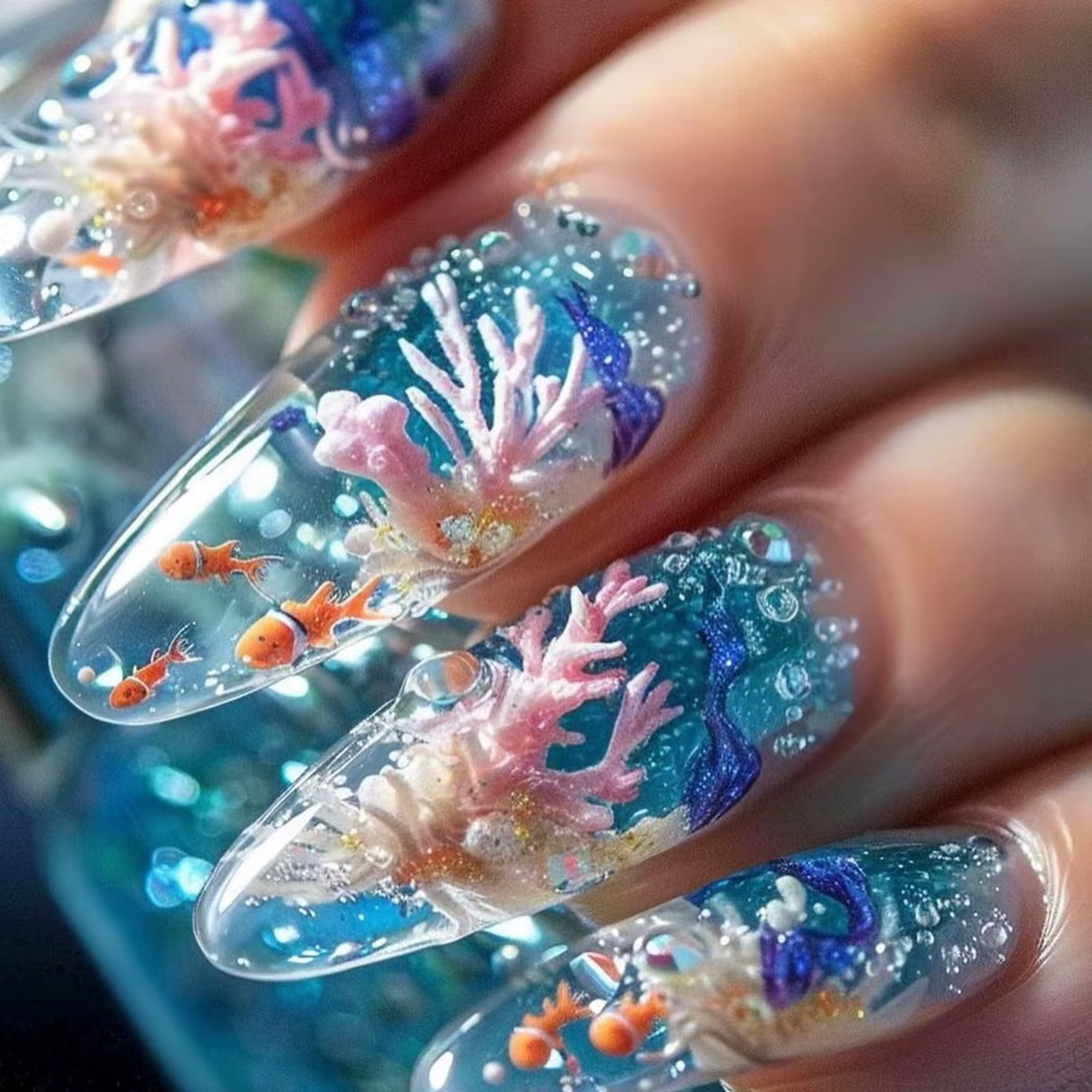 24 pièces été frais faux ongles conseils longue amande mignon monde sous-marin imprimé presse