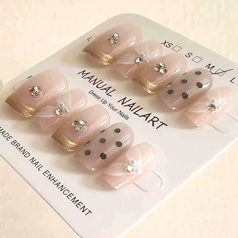 10 pièces à pois avec diamants fait à la main utilisable presse sur les ongles couverture complète oeil de chat