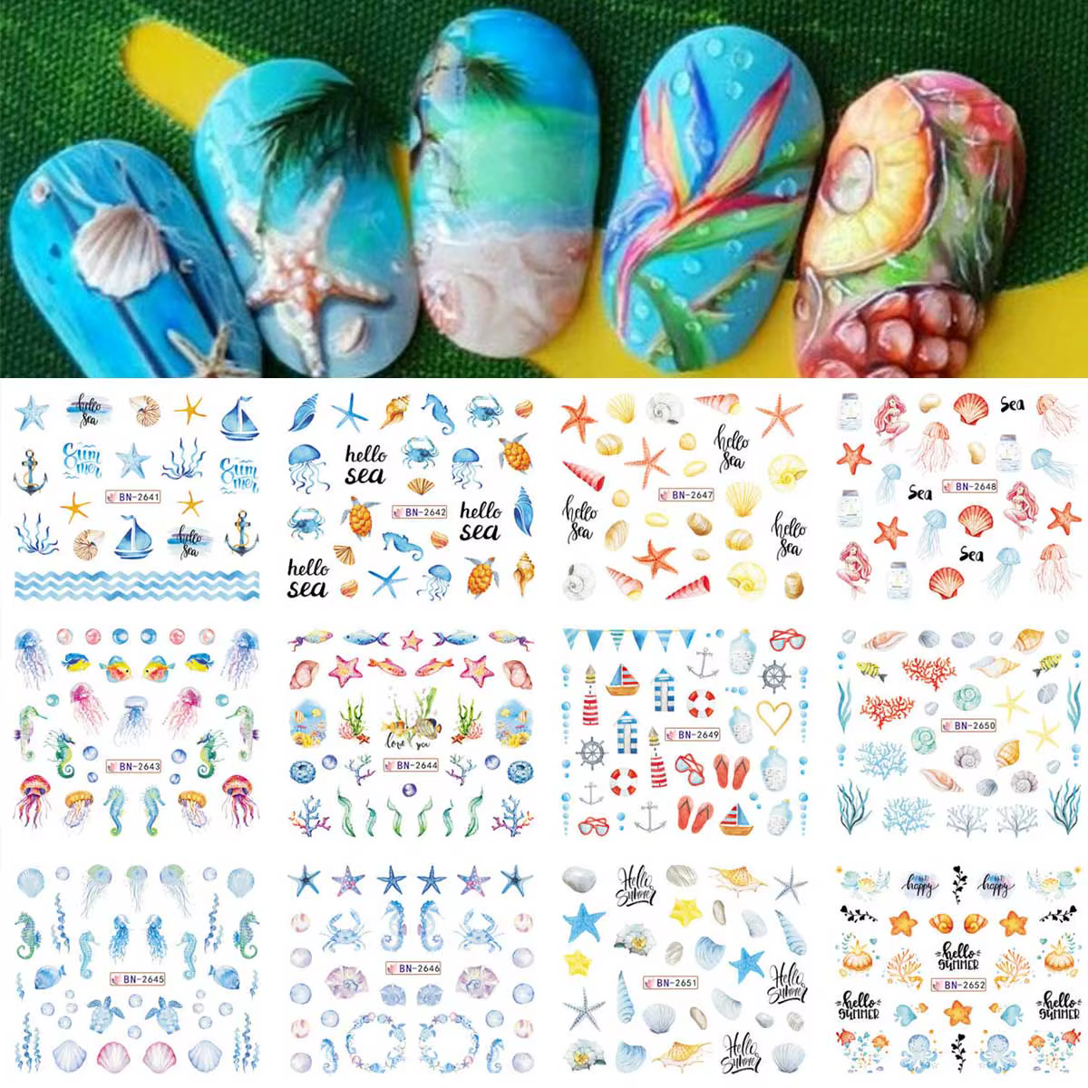 12 Motifs d'Autocollants pour Ongles Thème Océan Estival – Conques