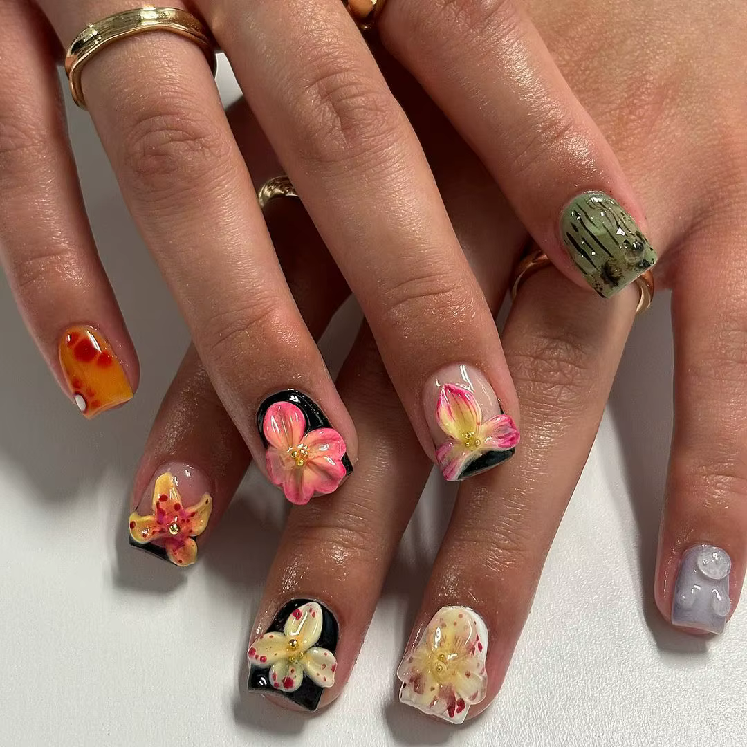 Fleurs 3D Nail Art tendance presse sur ongles peint à la main rose Gel gelée printemps été fleur y2k