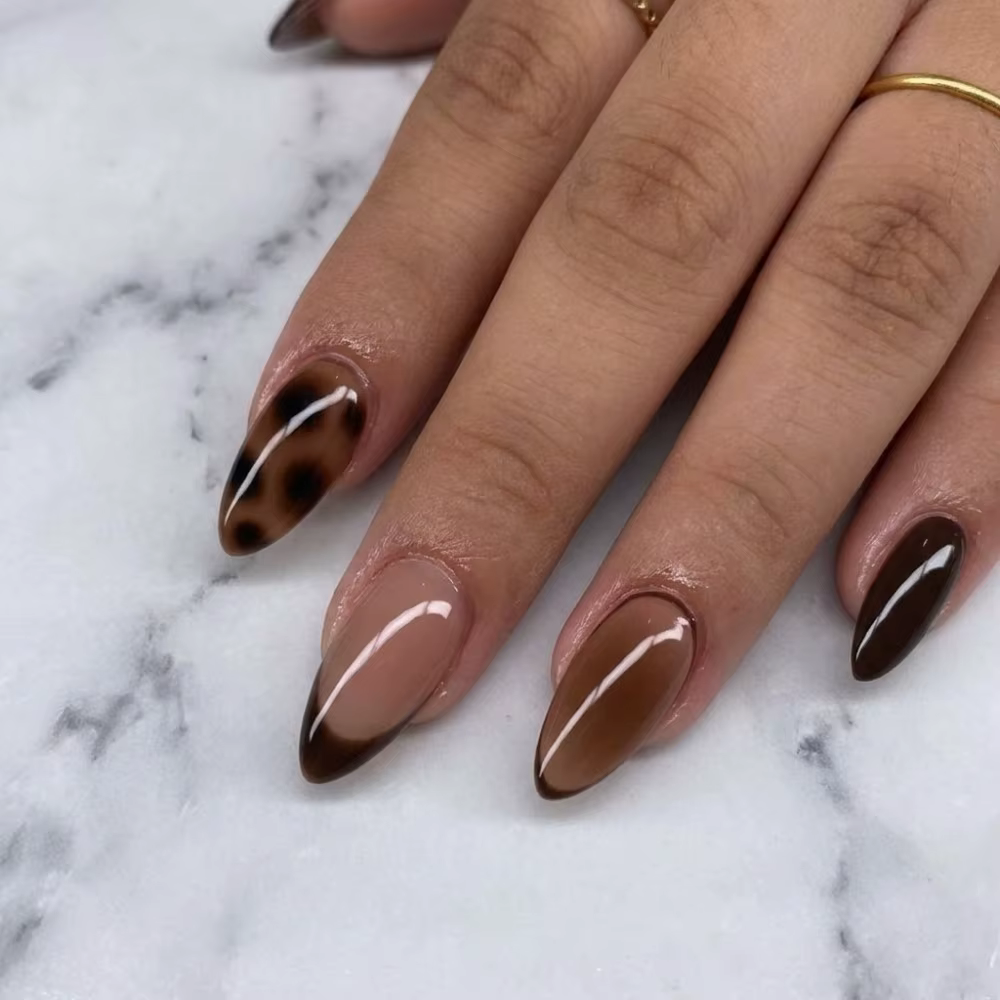24 faux ongles nude en forme d'amande pour femmes avec pointes françaises marron et motif écaille de tortue