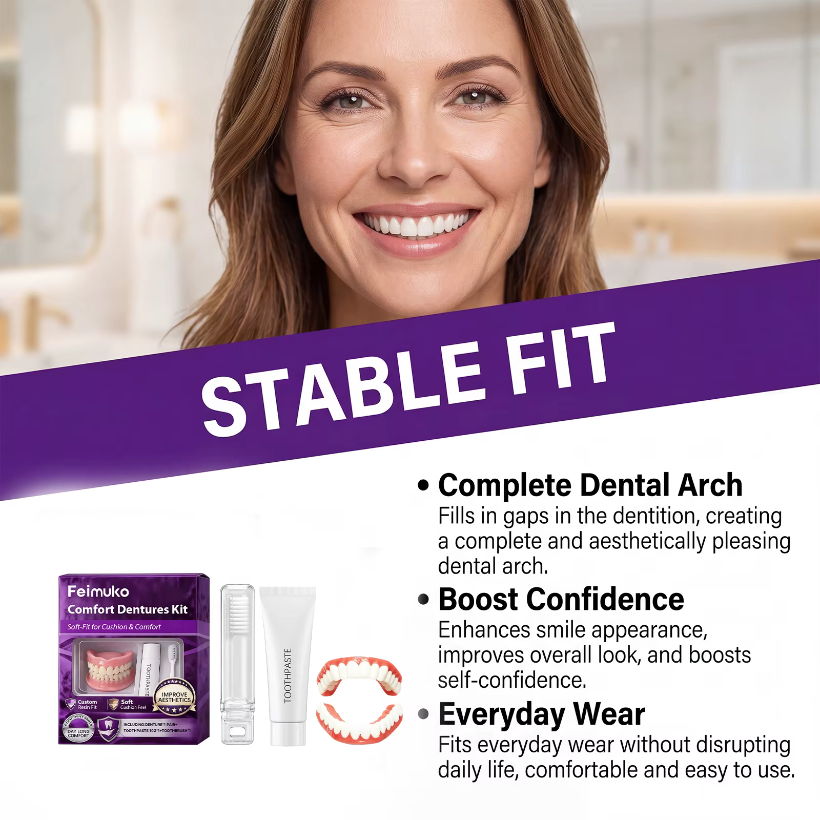Kit de prothèses dentaires confortables, couvre-dents en résine souple, embellissement du sourire, avec dentifrice, brosse à dents, ensemble de soins quotidiens