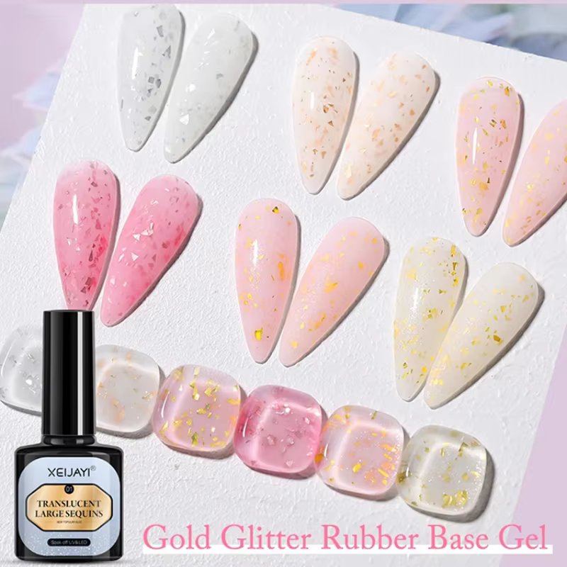 Gel de base en caoutchouc pailleté effet feuille d'or