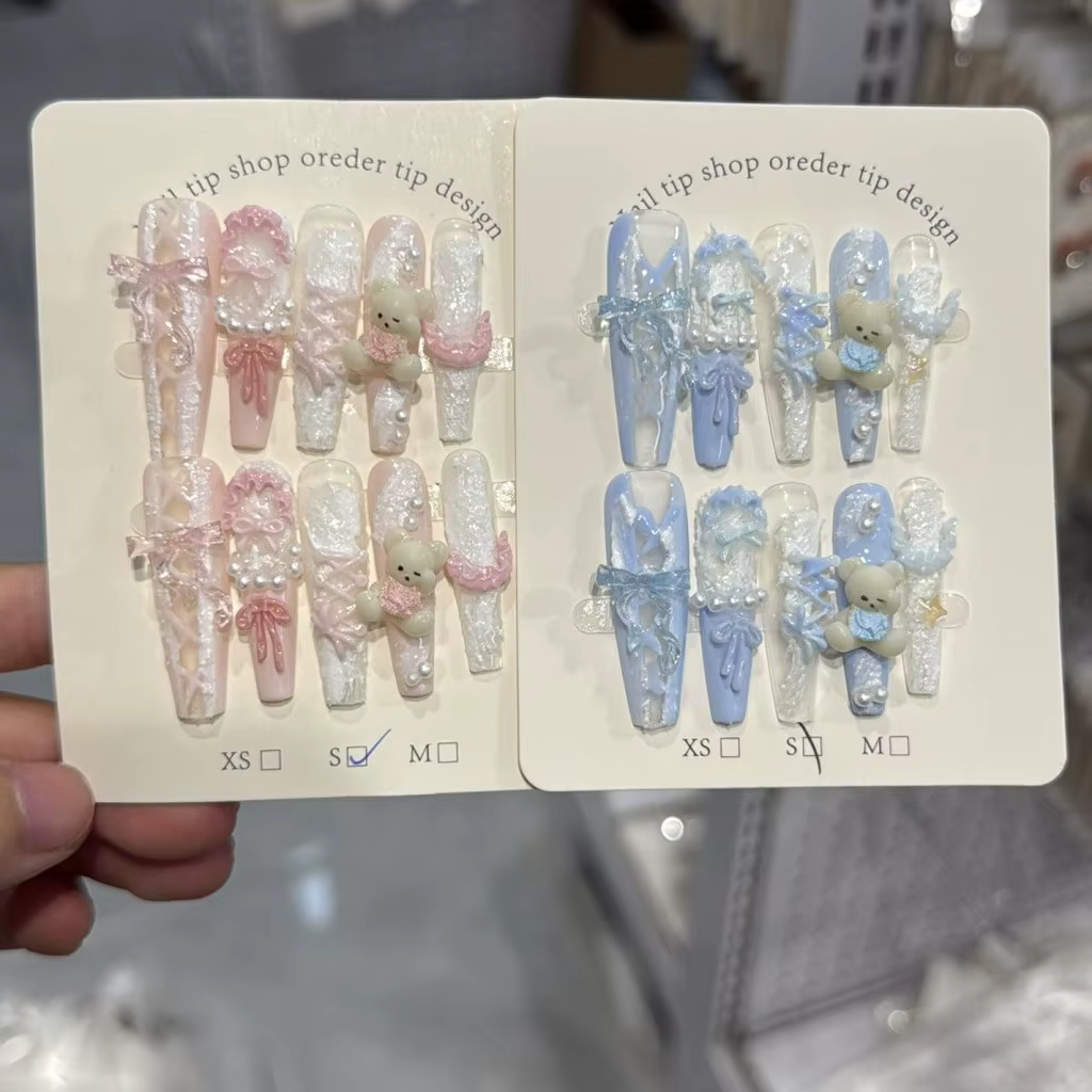 10 Pièces Faux Ongles à Presser Faits Main French Manucure en Dentelle