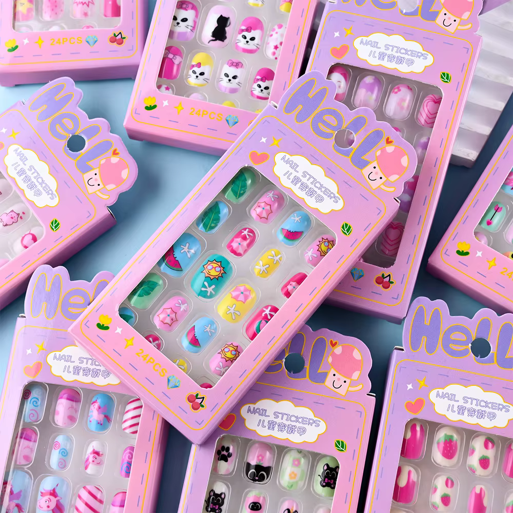 24 pièces/boîte enfants ongles pour fille dessin animé motif faux