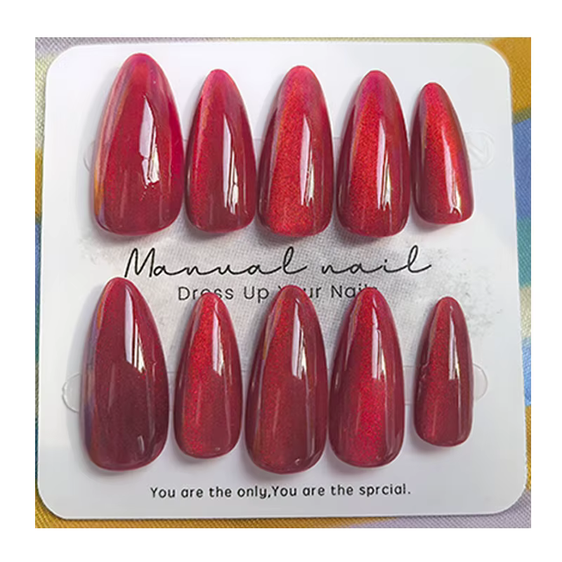 10 pcs Presse à la main sur les ongles-Amande-Rubis Cat Eye
