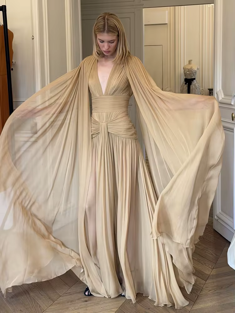 Sisterlinda Élégant Tendance Robe Femmes Plis Maille Cape Voir À Travers Ourlet v-Cou Gland De Mariage Fête D'été Chic Mode Vestidos