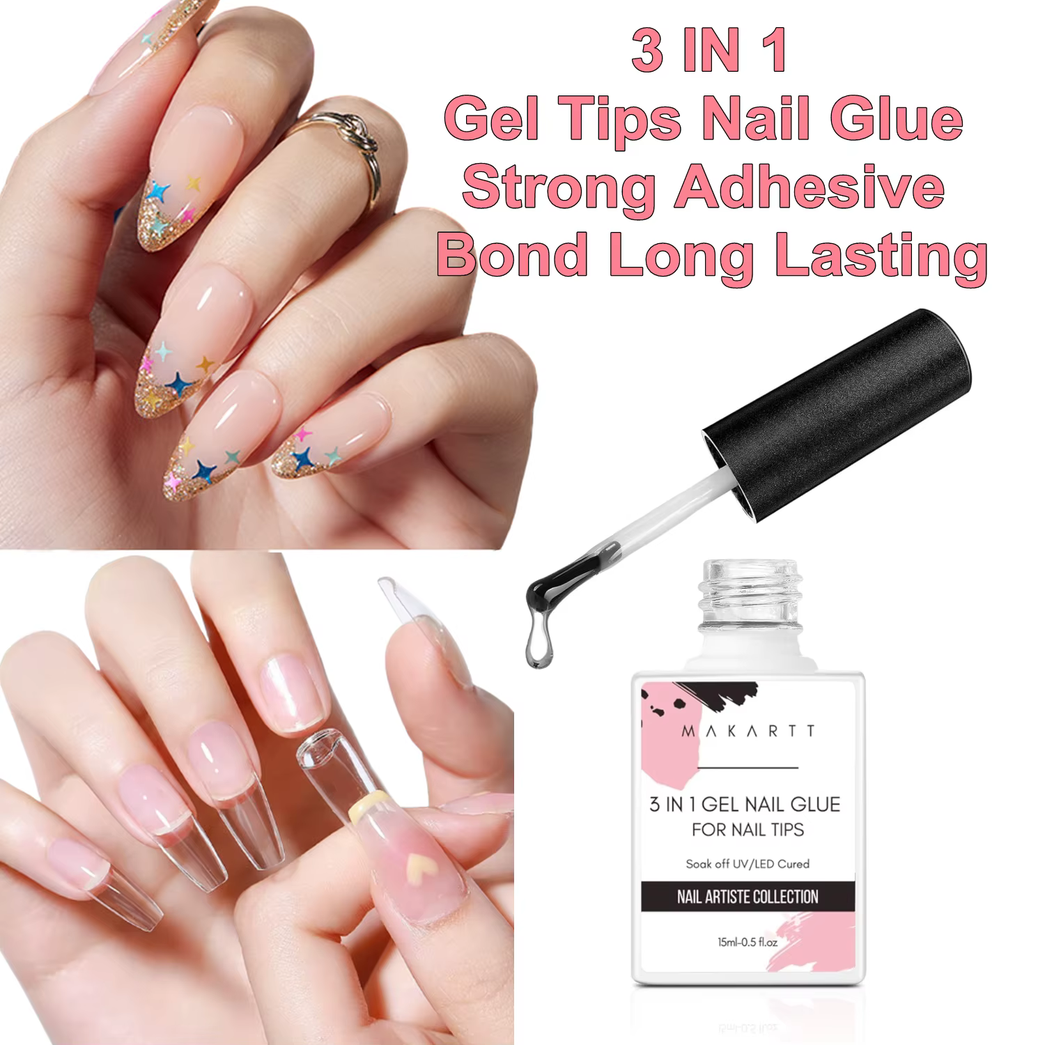 Makartt Gel de colle pour ongles en acrylique 3 en 1