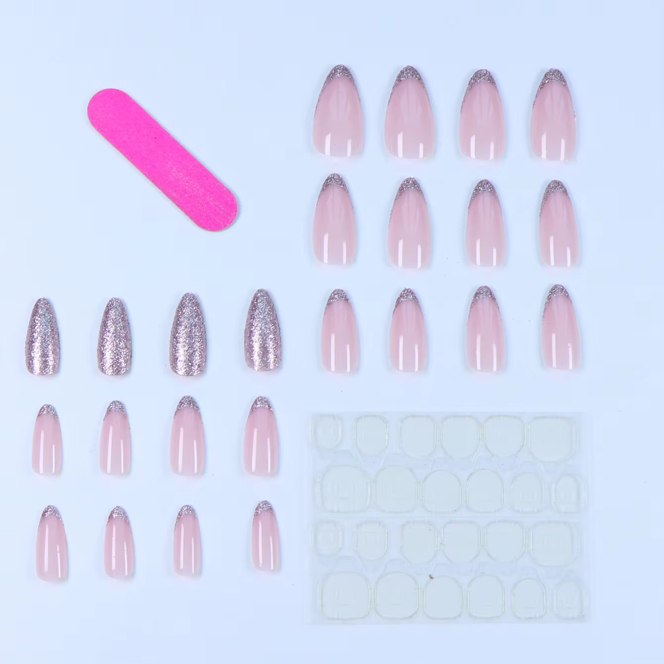 24 pièces rose paillettes français press-on ongles courts amande faux