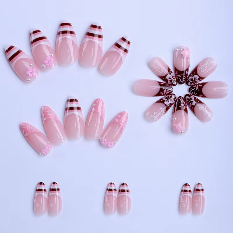 24 faux ongles roses mignons 3D en forme de fleur et d'étoile