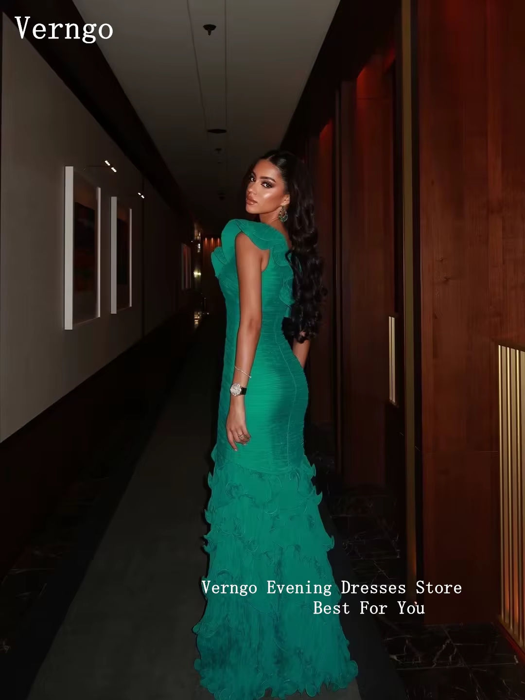 Robe de soirée élégante en mousseline verte Verngo, asymétrique, coupe sirène, à volants, en soie plissée, pour invitées de mariage, personnalisable