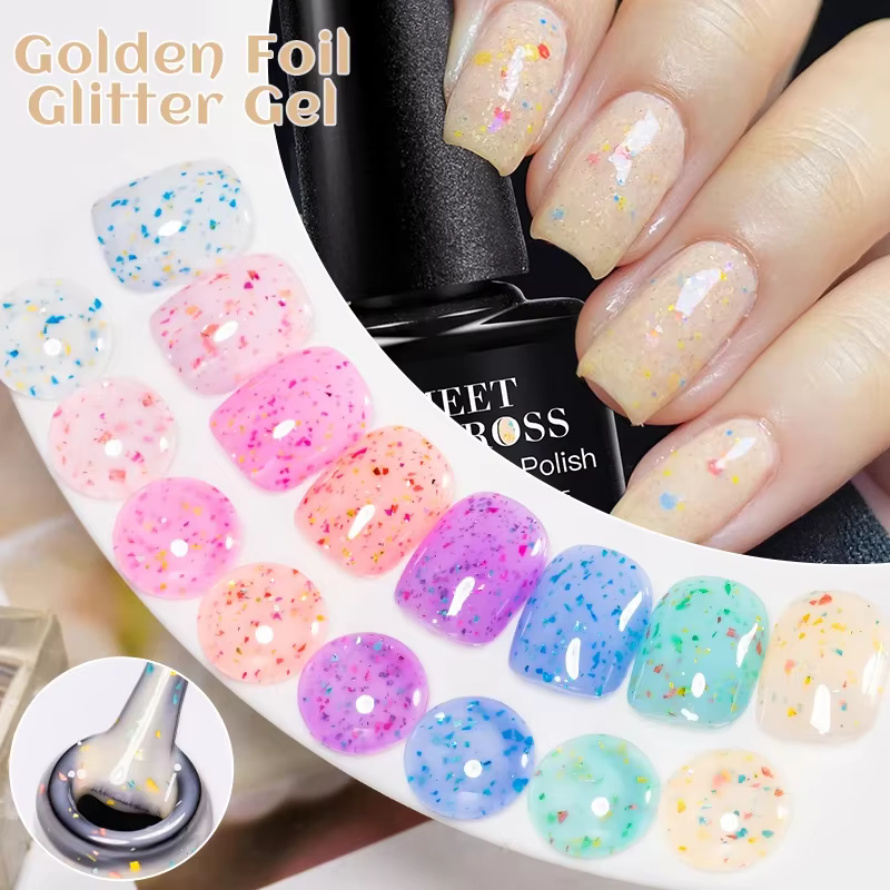 Vernis à ongles Gel pailleté feuille d'or rose flocons d'or
