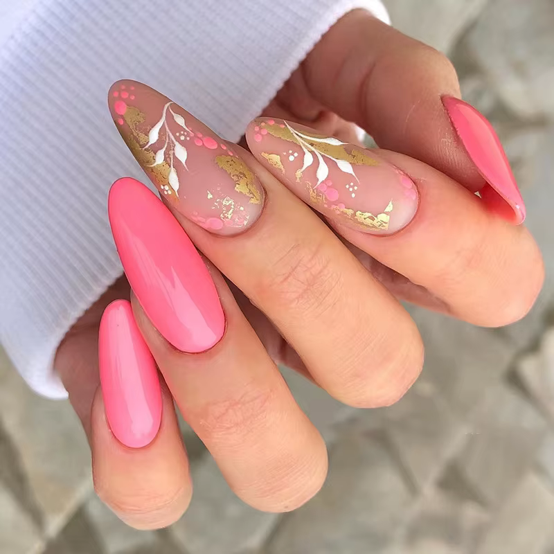 24 ps/ensemble amande inclinée ligne d'or Lotus rose faux ongles artificiel matériel professionnel art