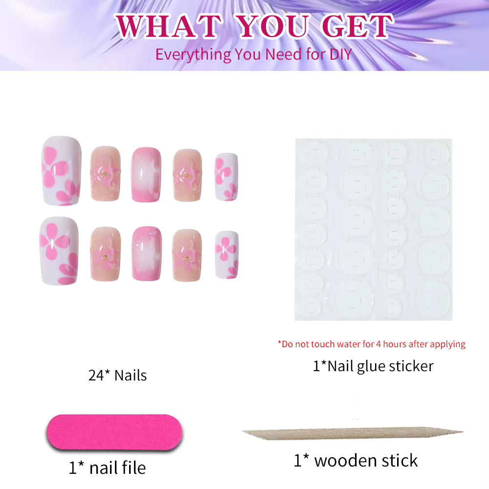 CS 3D gelnail fait des fleurs carrées pointe française presse sur les ongles ajustement moyen parfaitement acrylique