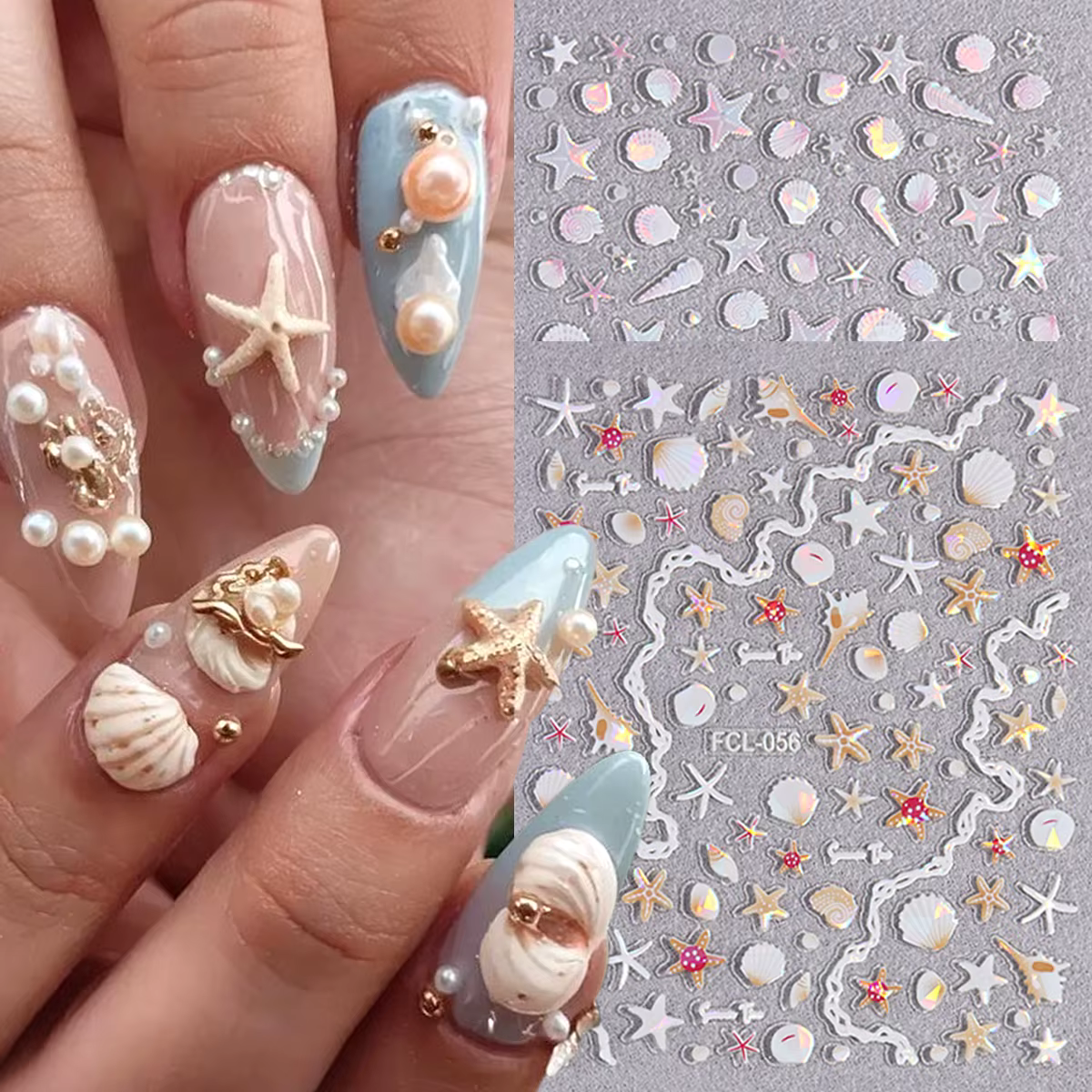 Autocollants pour ongles en forme de coquillages et d'étoiles de mer