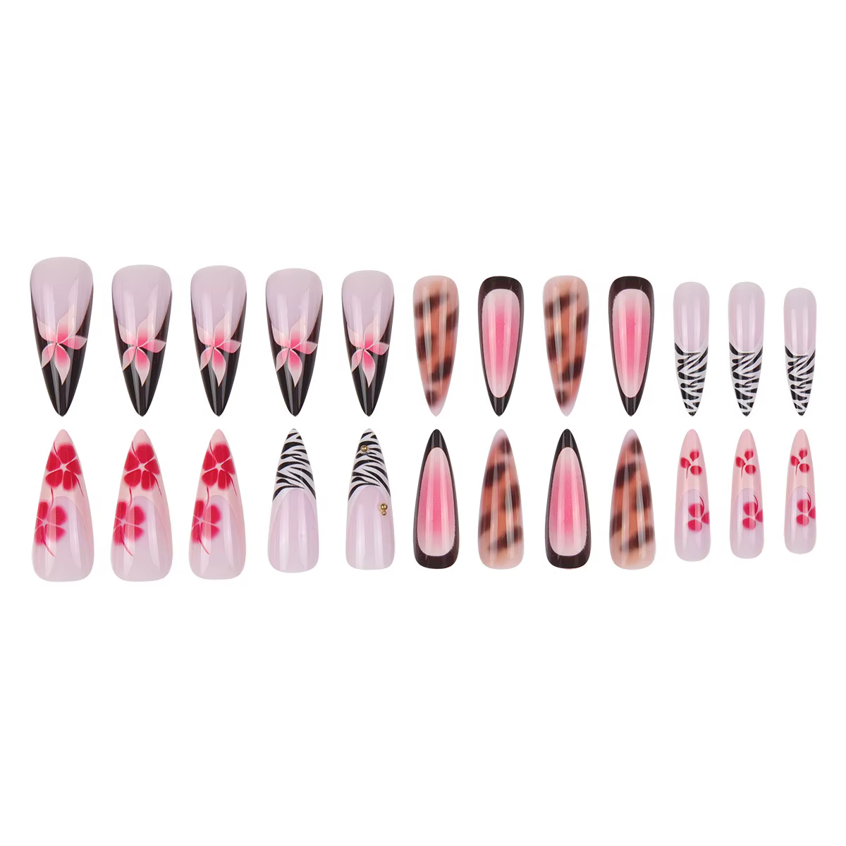 Faux ongles nude avec motif floral rose et bleu, perles métalliques et strass, forme amande, à presser, pour nail art