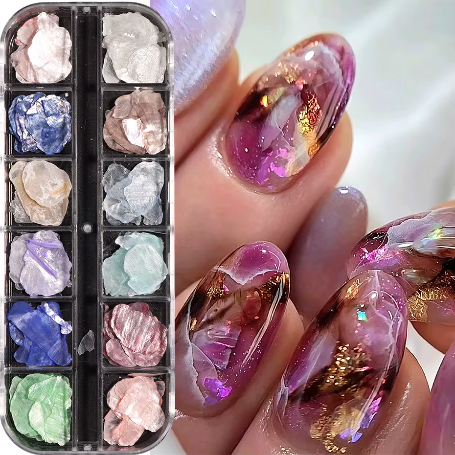 12 compartiments de paillettes pour nail art en forme de coquillages