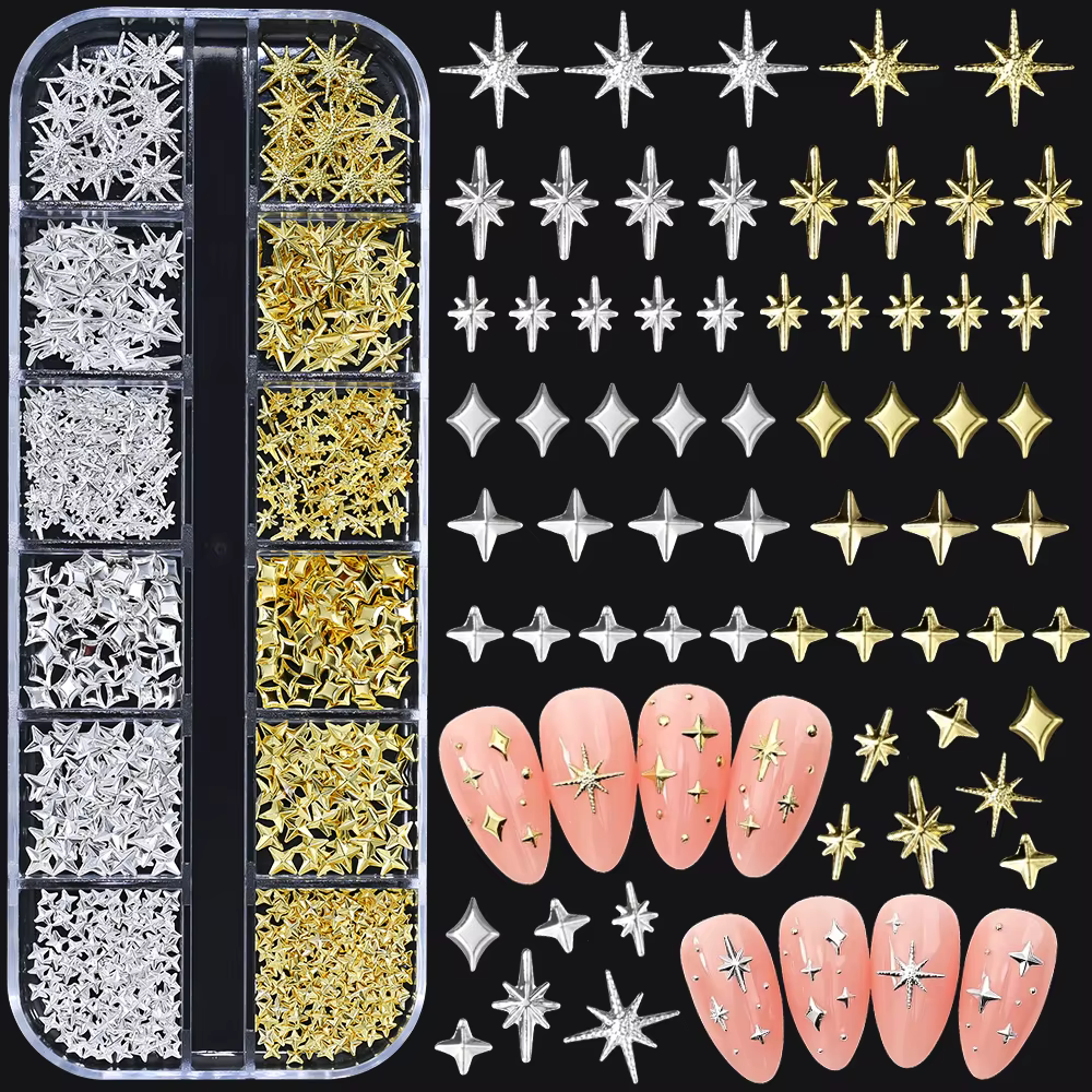 1000 pièces-12 grilles 3D or argent étoile/croix ongles Rivet goujons alliage métallique Starlight