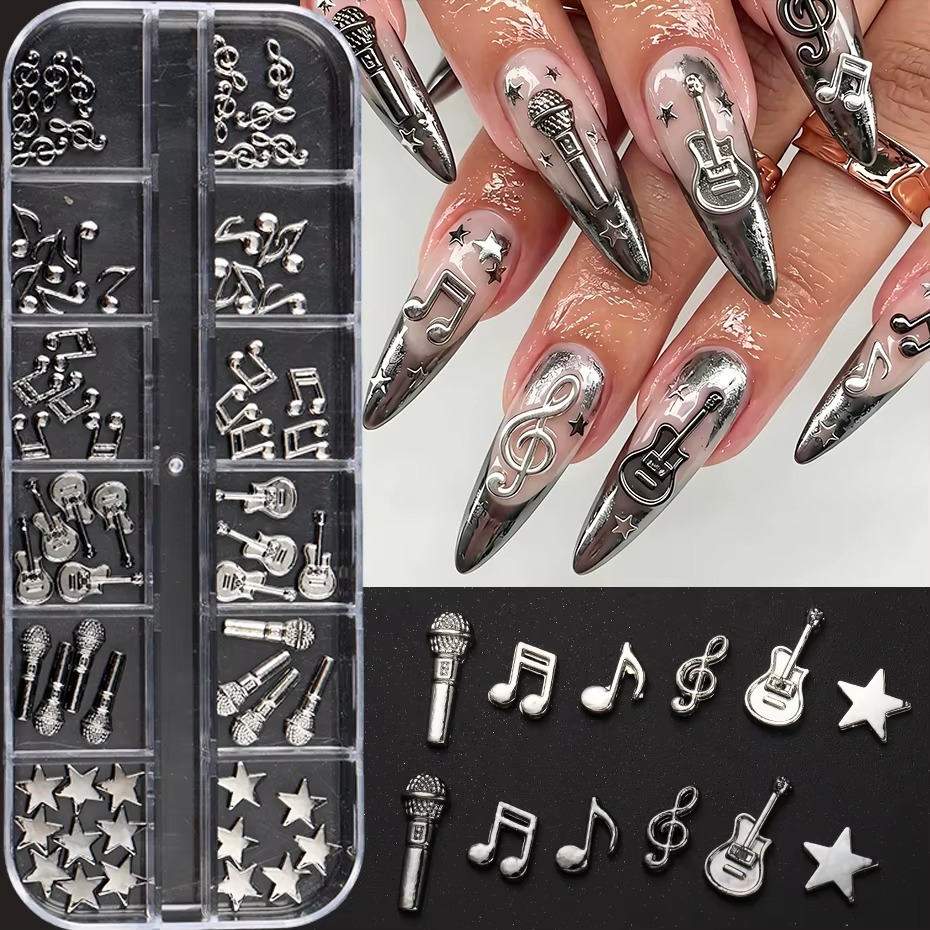 12 compartiments de breloques pour nail art en métal doré et argenté