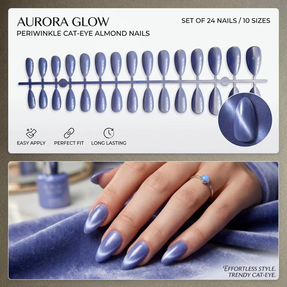 24 faux ongles premium vert émeraude effet œil de chat