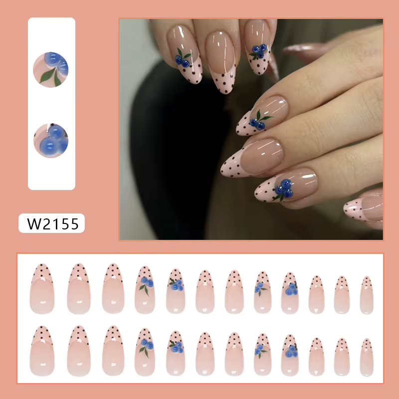 Faux ongles à presser en amande, nude à pois, style French, avec décor 3D Myrtille, amovibles, pour femme, manucure tendance, pour le printemps, le quotidien et les rendez-vous
