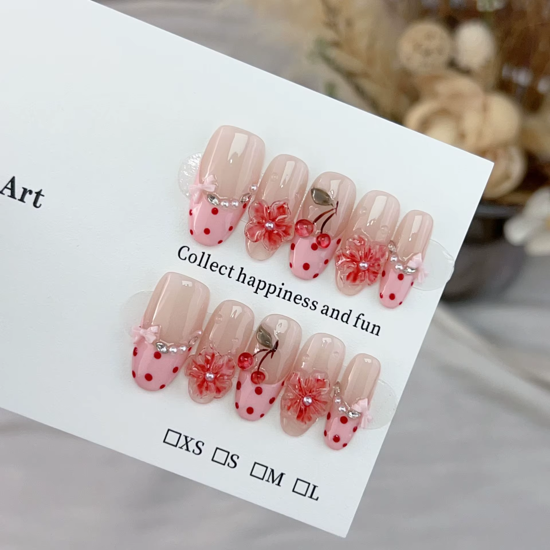 10 faux ongles faits main rose cerisier