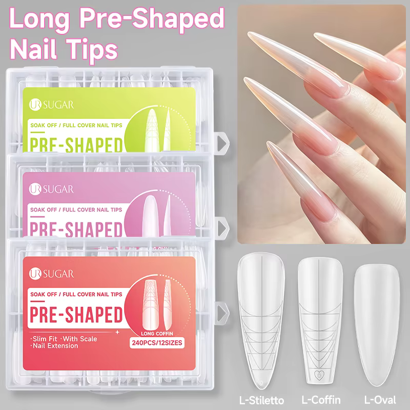 UR SUGAR 240PCS 10 Tailles Faux Ongles Préformés Slim avec Ligne Française Transparents Mat Longs Couverture Complète Pointes d'Ongles Extension Rapide