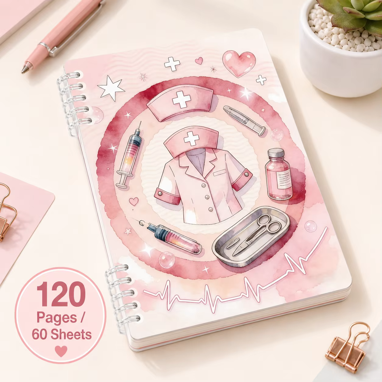 Carnet spirale rose pour infirmières, 120 pages, joli journal médical pour étudiants en soins infirmiers, infirmières, cadeau pour l'école ou le bureau