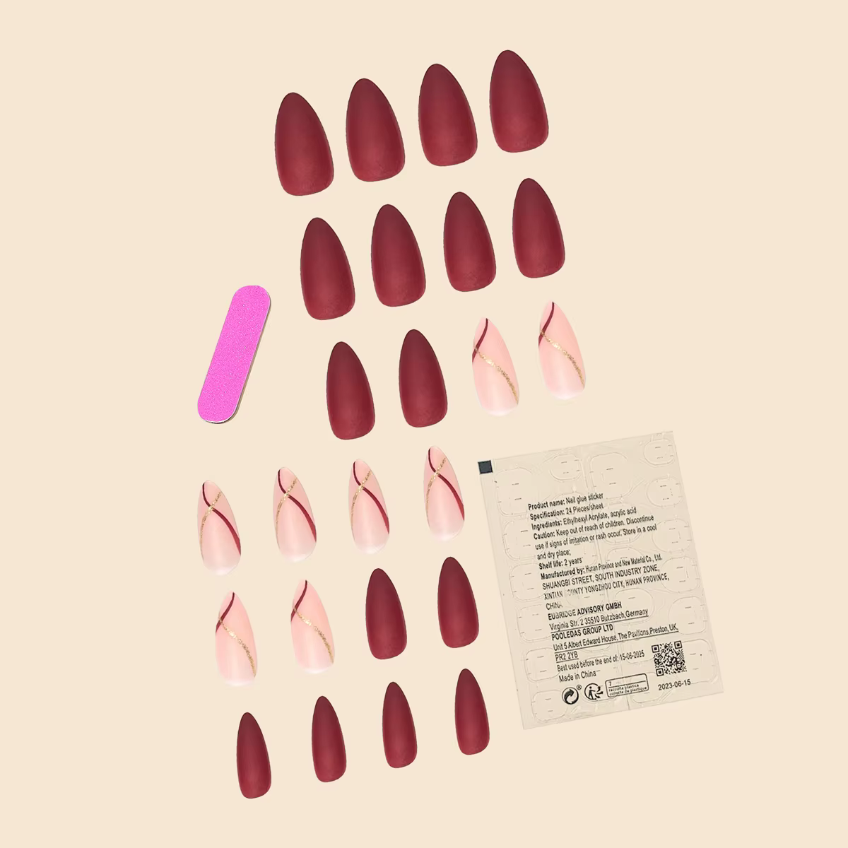 Femmes filles 24 pièces/ensemble forme de goutte moyenne français rouge or ligne Surface mate couverture complète portable faux ongles presse sur Nail Art