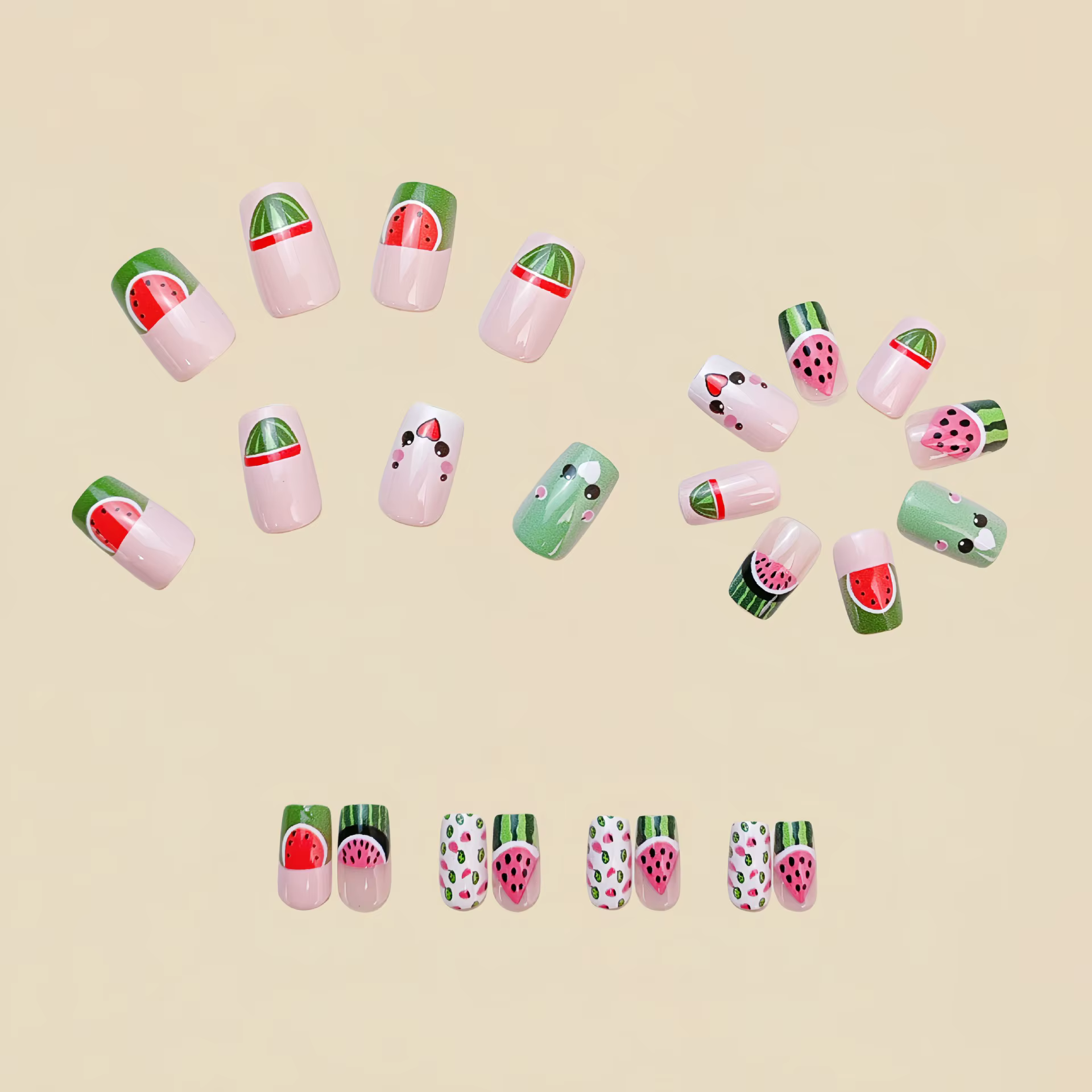 Faux ongles pastèque de dessin animé