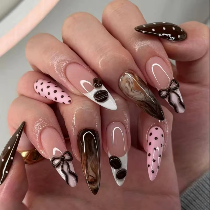 24 pièces imprimé léopard français presse sur ongles courts amande couverture complète faux