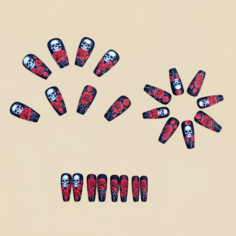 24 Halloween Nail Art Ongles de ballet mi-longs Press Ons avec design Rose rouge Skullpcs Faux
