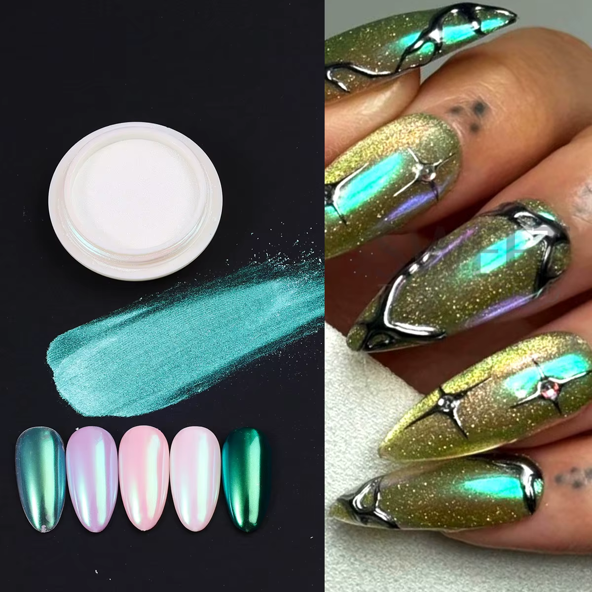 Poudre de pigment pour ongles effet chrome aurore 10 couleurs