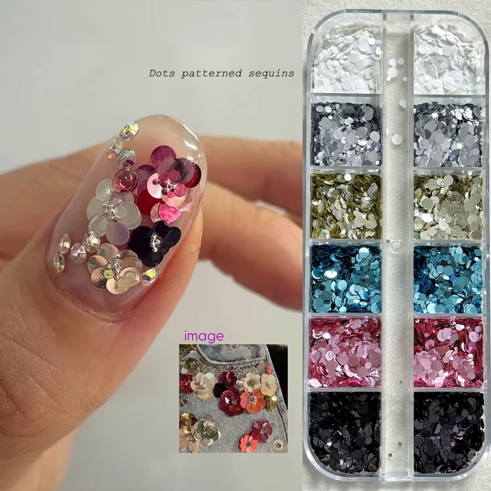 12 compartiments de paillettes à ongles à pois