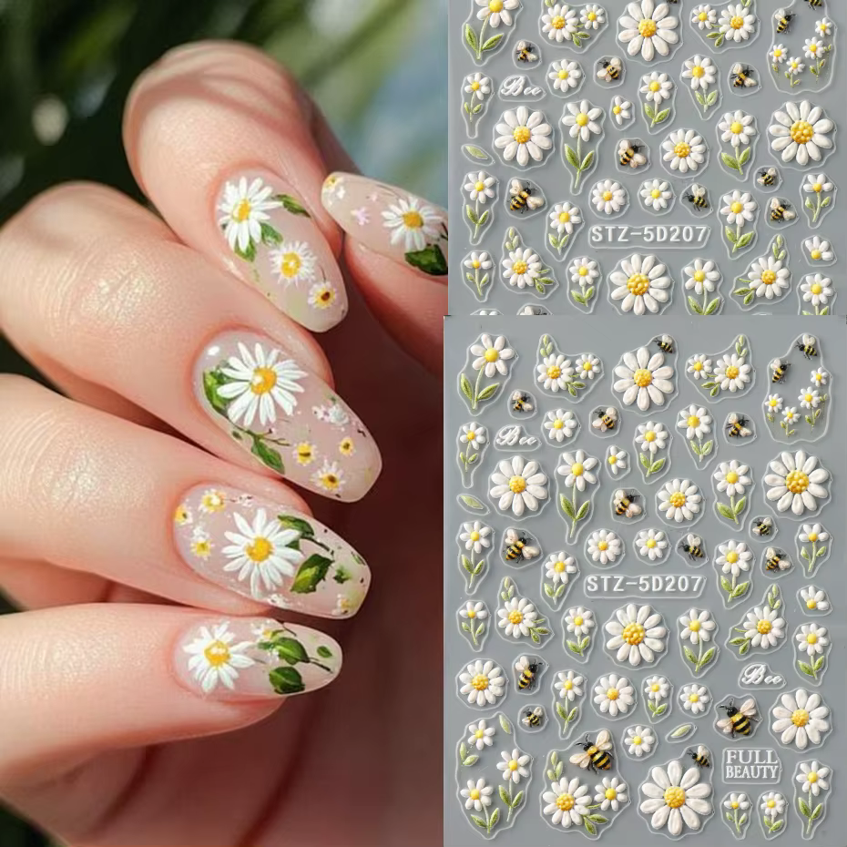 Autocollants pour ongles floraux adorables avec motif abeilles