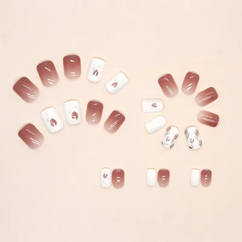 Fleur de tulipe 24 pièces presse sur ongles rose dégradé faux