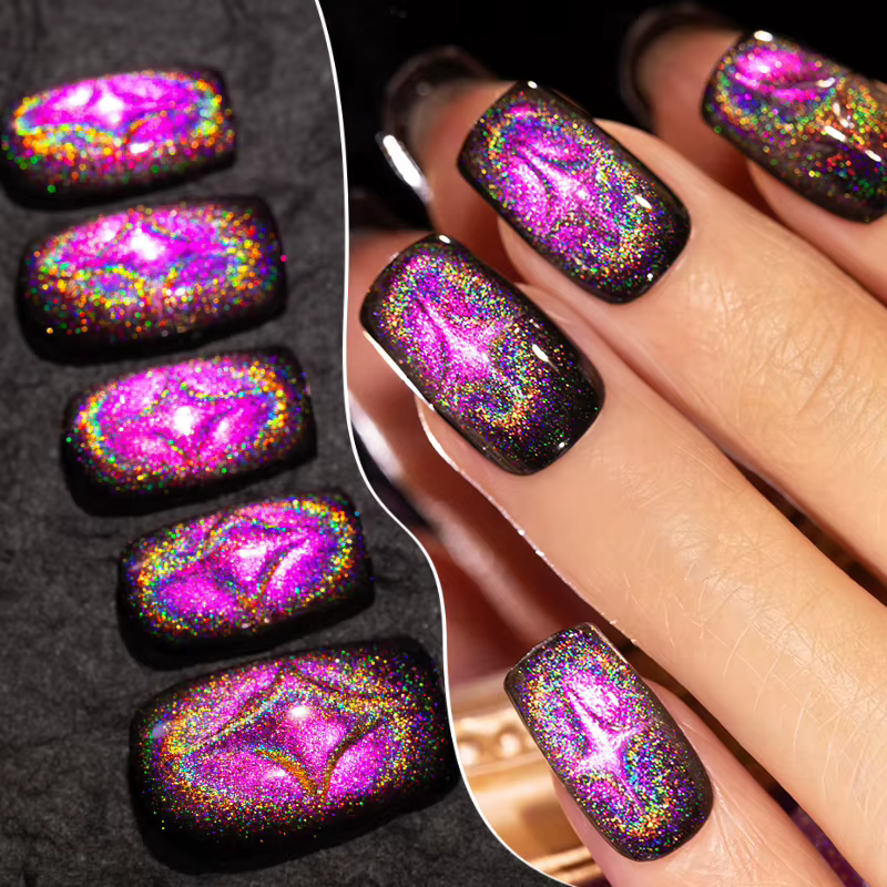 AWStorG 5ml Gel Oeil de Chat Laser Coloré Rose Lumineux Magnétique Vernis à Ongles Semi-Permanent Holographique Brillant Effet Argenté