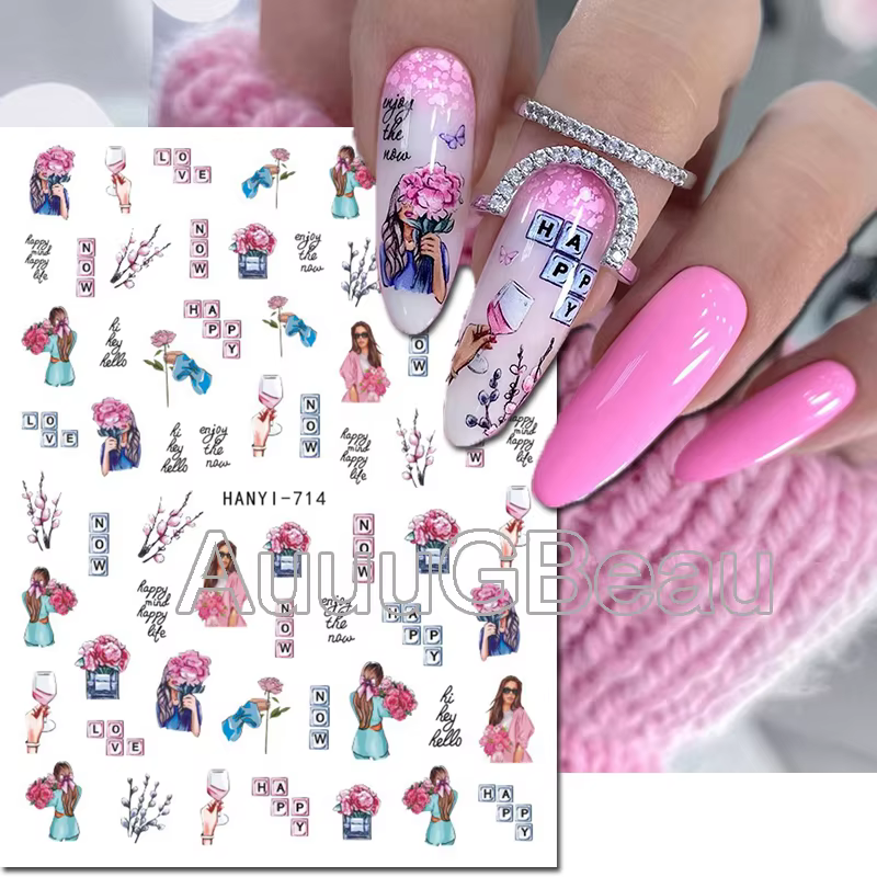 3d Nail Art décalcomanies été demande fleurs jaune bleu rose