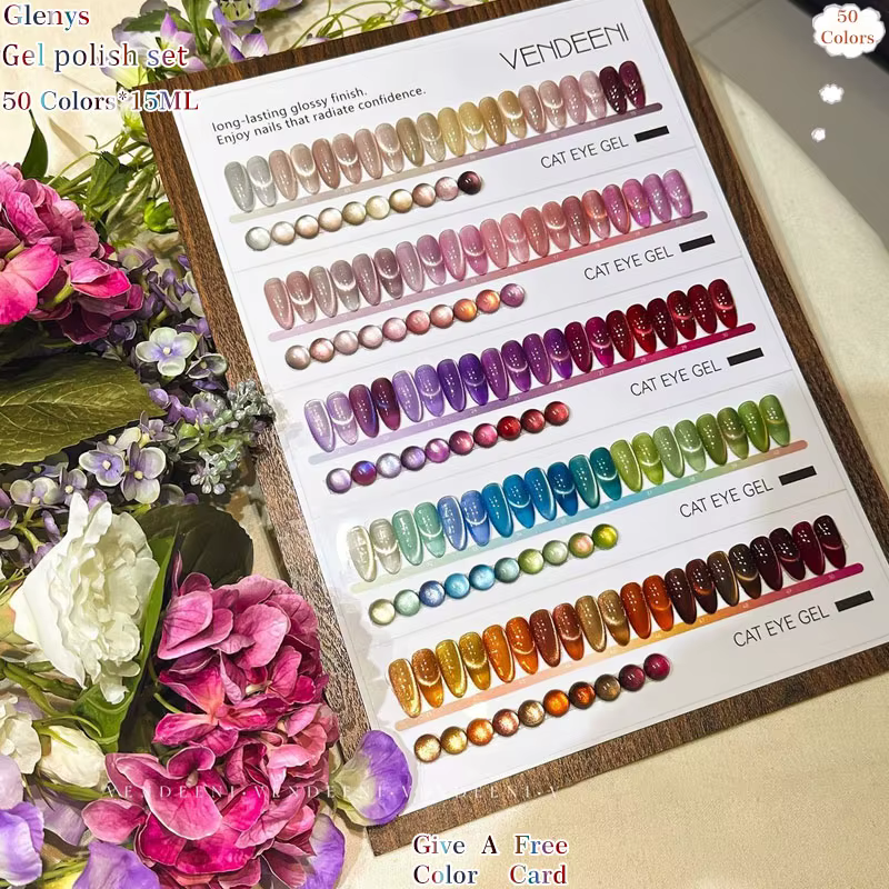 Gel UV/LED pour ongles effet œil de chat 50 couleurs Glenys – Kit professionnel pour salon de manucure