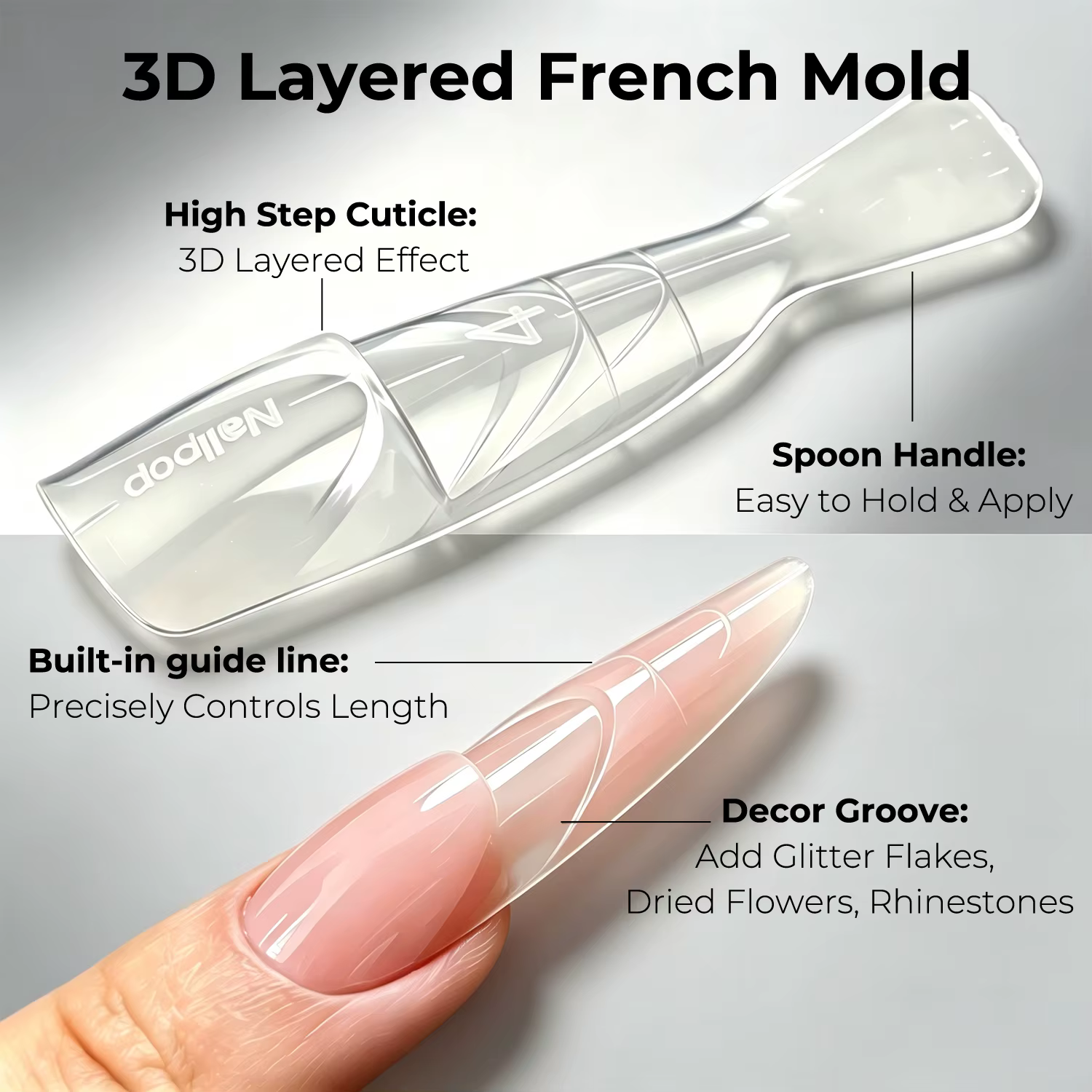 Nailpop Dual Form Space French Oval Transparent 15 Tailles Système de superposition 3D créatif pour manucure en salon en une étape 150 pièces