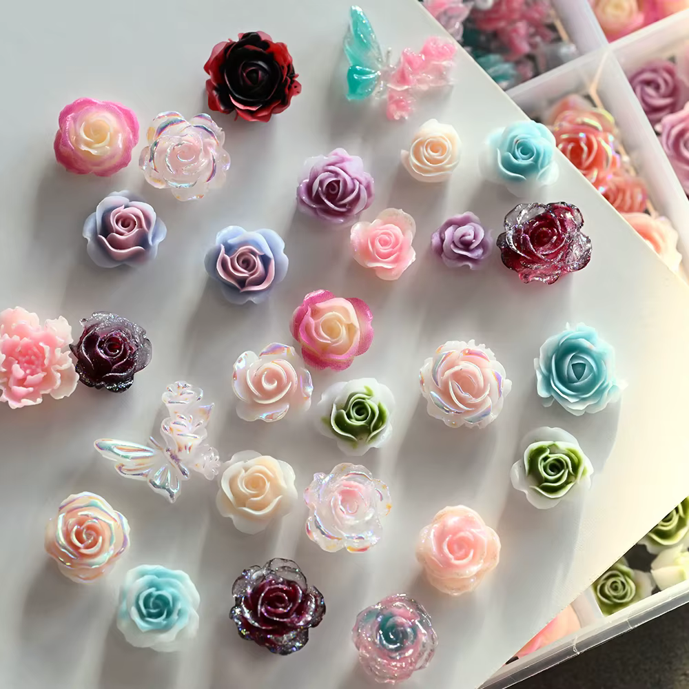 12 grilles 3D camélia Rose fleur Nail Art breloques mixte Floral papillon perle ongles décorations pour bricolage artisanat manucure accessoire