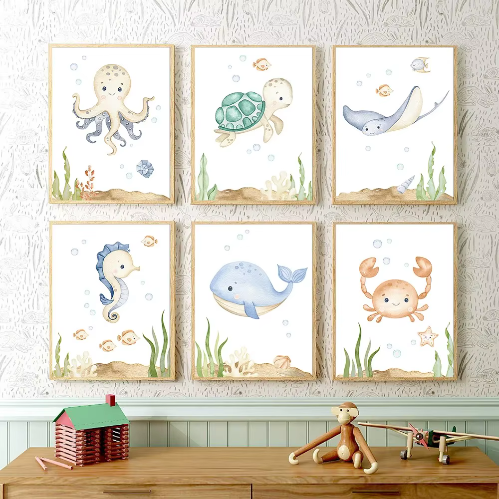 Impressions de pépinière d'animaux marins, dessin animé, tortue de mer, affiche d'interconnexion, art d'animaux marins, peinture sur toile, décor mural de chambre d'enfant