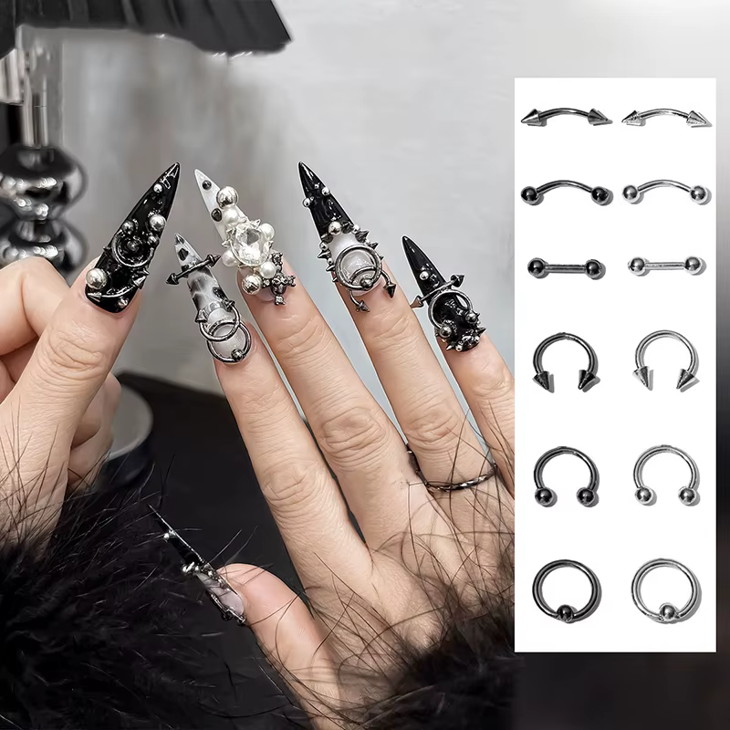 [GLOW] alliage mixte rétro cercle ongles Art breloques 3D Style Punk noir argent pièces d'ongle décoration