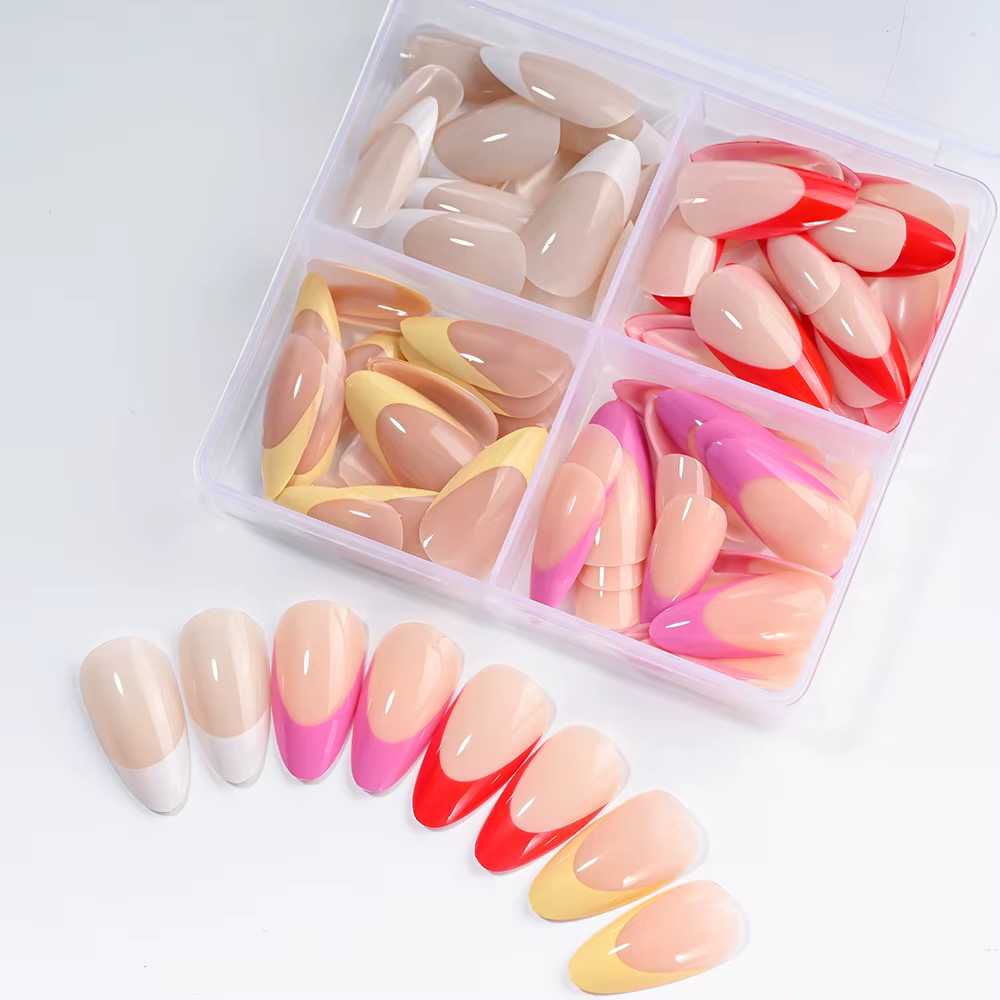 96 pièces/boîte mixte moyen amande français faux ongles blanc/rouge/rose/jaune